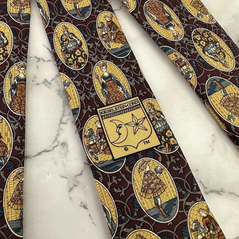 Kieselstein Cord Mens Vintage 90s Silk Neck Tie Tan Brown Knights Royalty Italy - Picture 6 of 7